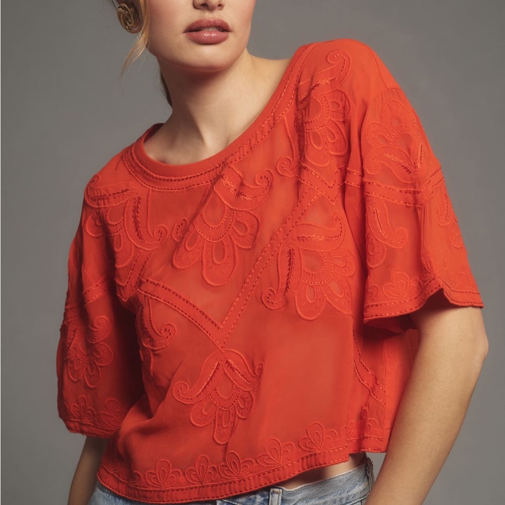 Anthropologie Chic Red Embroidered Blouse
